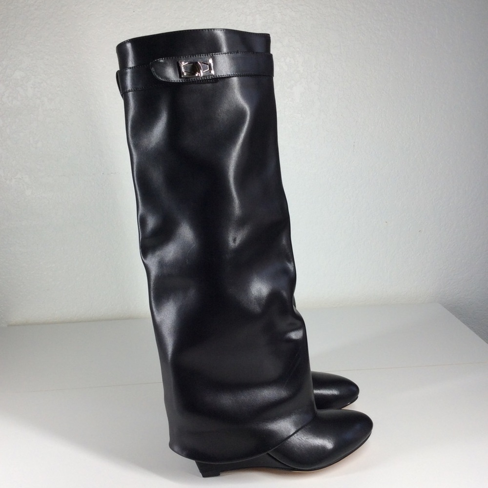 Womens Wedge Heel Leather Fold Over Knee High Boot Chic Fold Over Boot Shoes